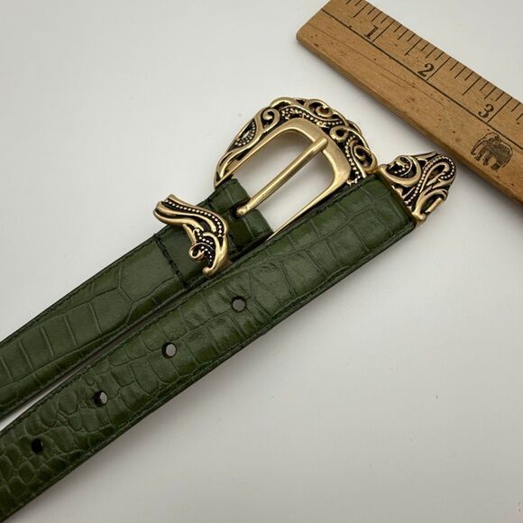 Coldwater Creek Green Croc Embossed Leather Belt Ornate Gold Buckle Medium Y2K main image 8